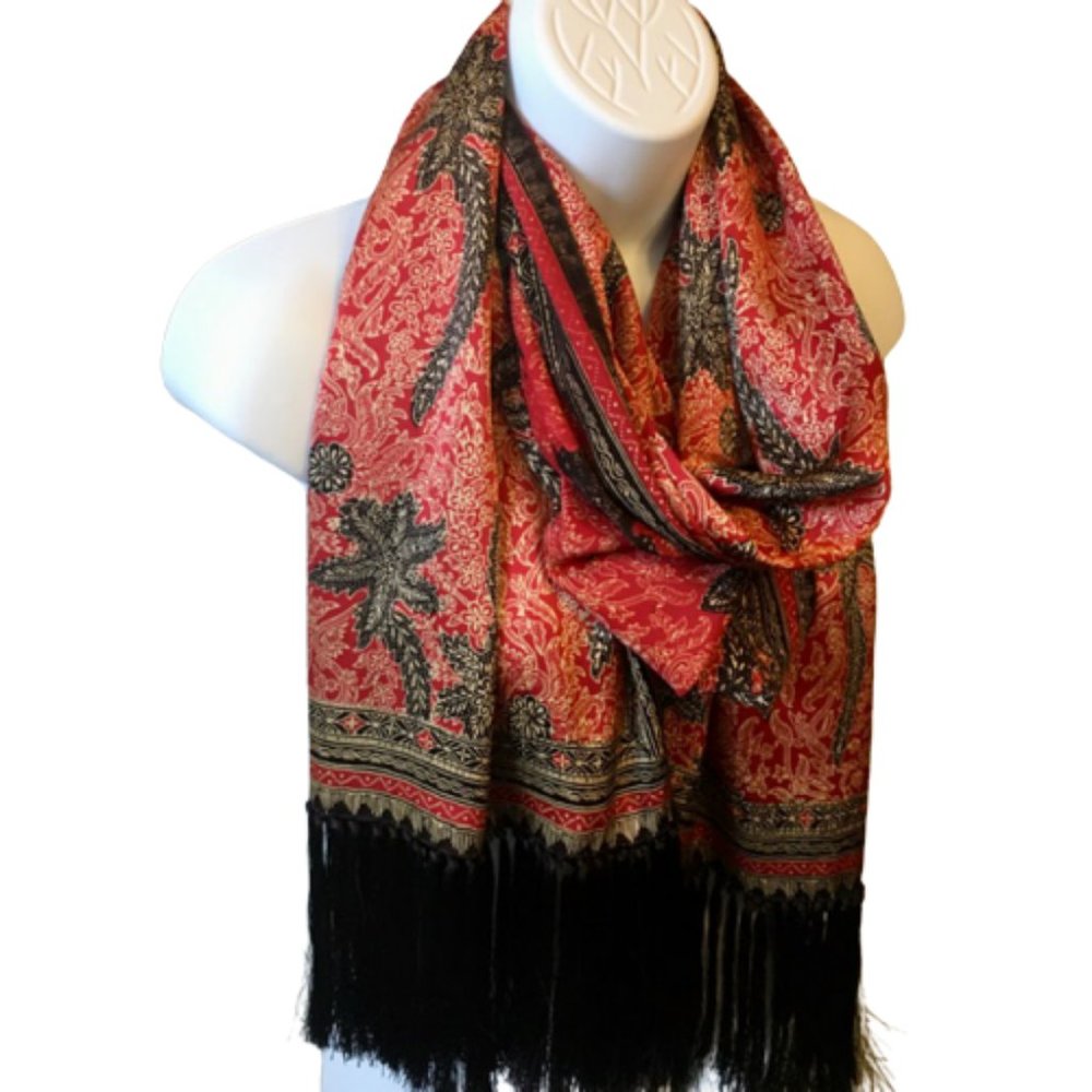Boho Fringed Scarf Red Black Cream Print